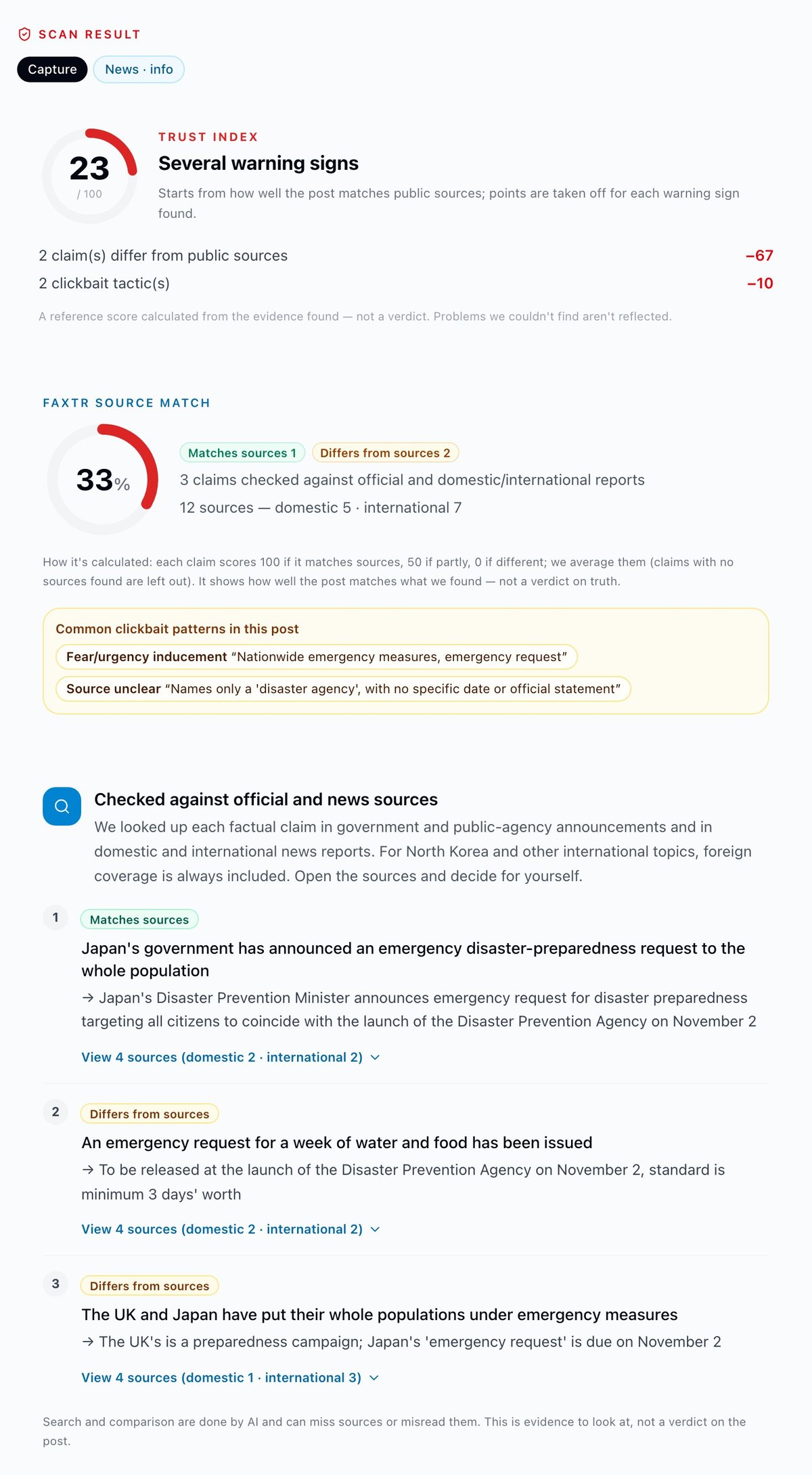 Scanner result for a screenshot of a news-style TikTok short about emergency food stockpiles in Japan and Britain